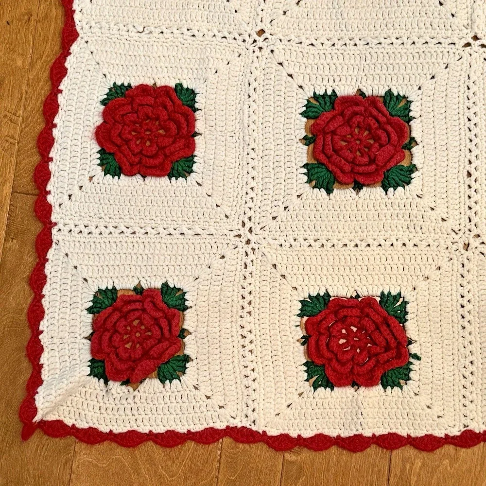 Vtg Granny Square Crochet Afghan Quilt Blanket 3D Rose 72
